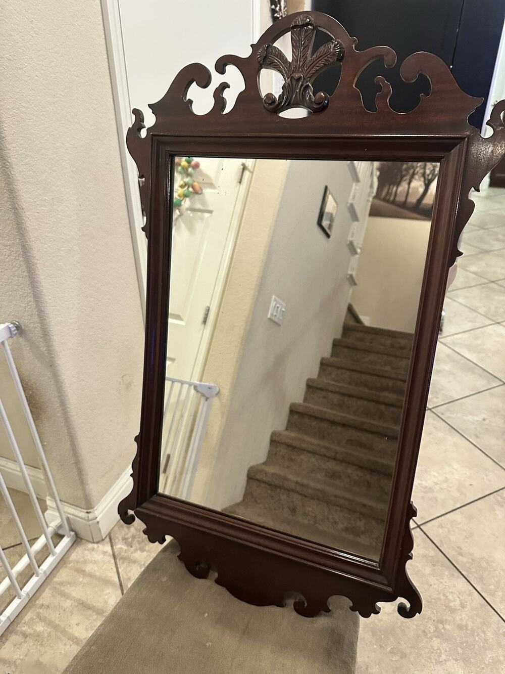 Antique Feather Scroll Mahogany Hall Mirror W/ original 1900s Shipping Tag